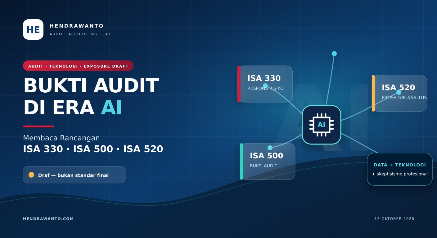 Sampul artikel Bukti Audit di Era AI yang menghubungkan rancangan ISA 330, ISA 500, dan ISA 520 dengan data, teknologi, dan skeptisisme profesional