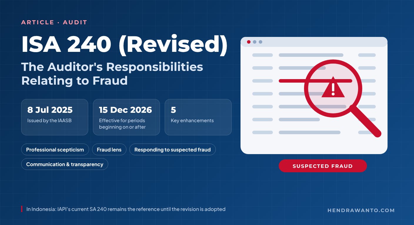 Infographic on ISA 240 (Revised): issued by the IAASB on 8 July 2025, effective for periods beginning on or after 15 December 2026, five key enhancements: professional scepticism, a fraud lens, responding to suspected fraud, and communication and transparency