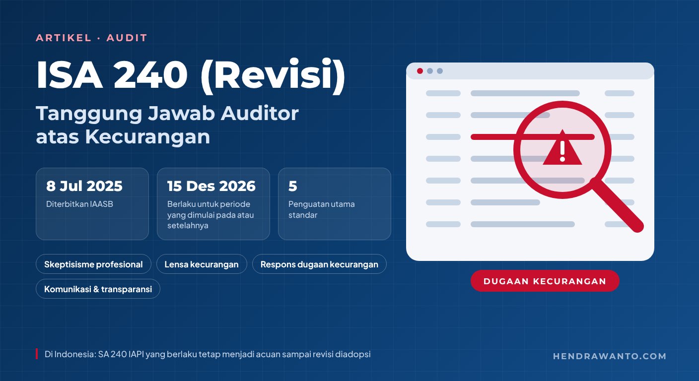 Infografik ISA 240 (Revisi): diterbitkan IAASB 8 Juli 2025, berlaku untuk periode yang dimulai pada atau setelah 15 Desember 2026, lima penguatan utama: skeptisisme profesional, lensa kecurangan, respons atas dugaan kecurangan, serta komunikasi dan transparansi