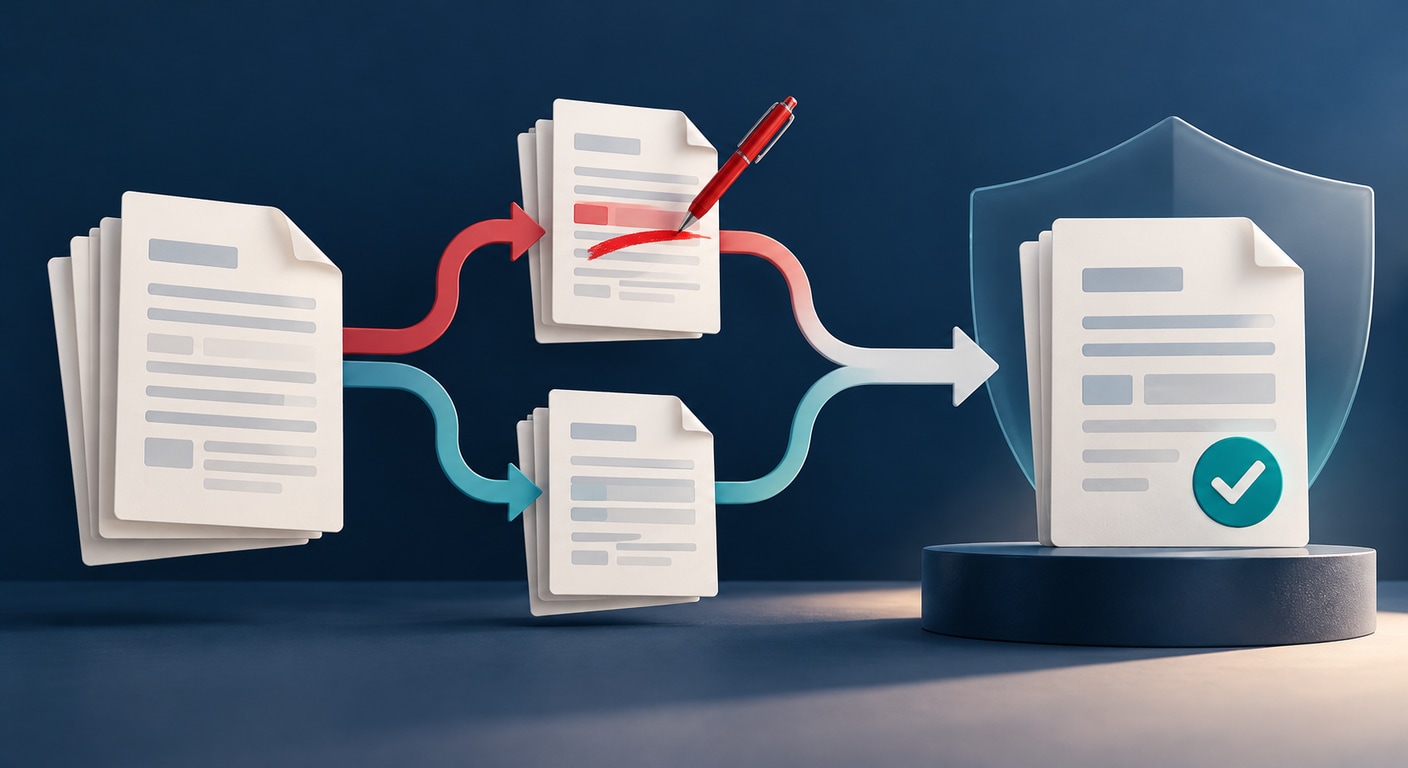 Illustration of tax documents being corrected and combined into one verified final return