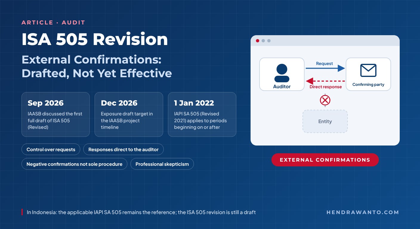 ISA 505 revision infographic: the IAASB discussed the first full draft of ISA 505 (Revised) in September 2026, the project timeline targets an exposure draft in December 2026, while IAPI SA 505 (Revised 2021) applies to periods beginning on or after 1 January 2022; illustration of a confirmation request from the auditor and a direct response from the confirming party that does not pass through the entity