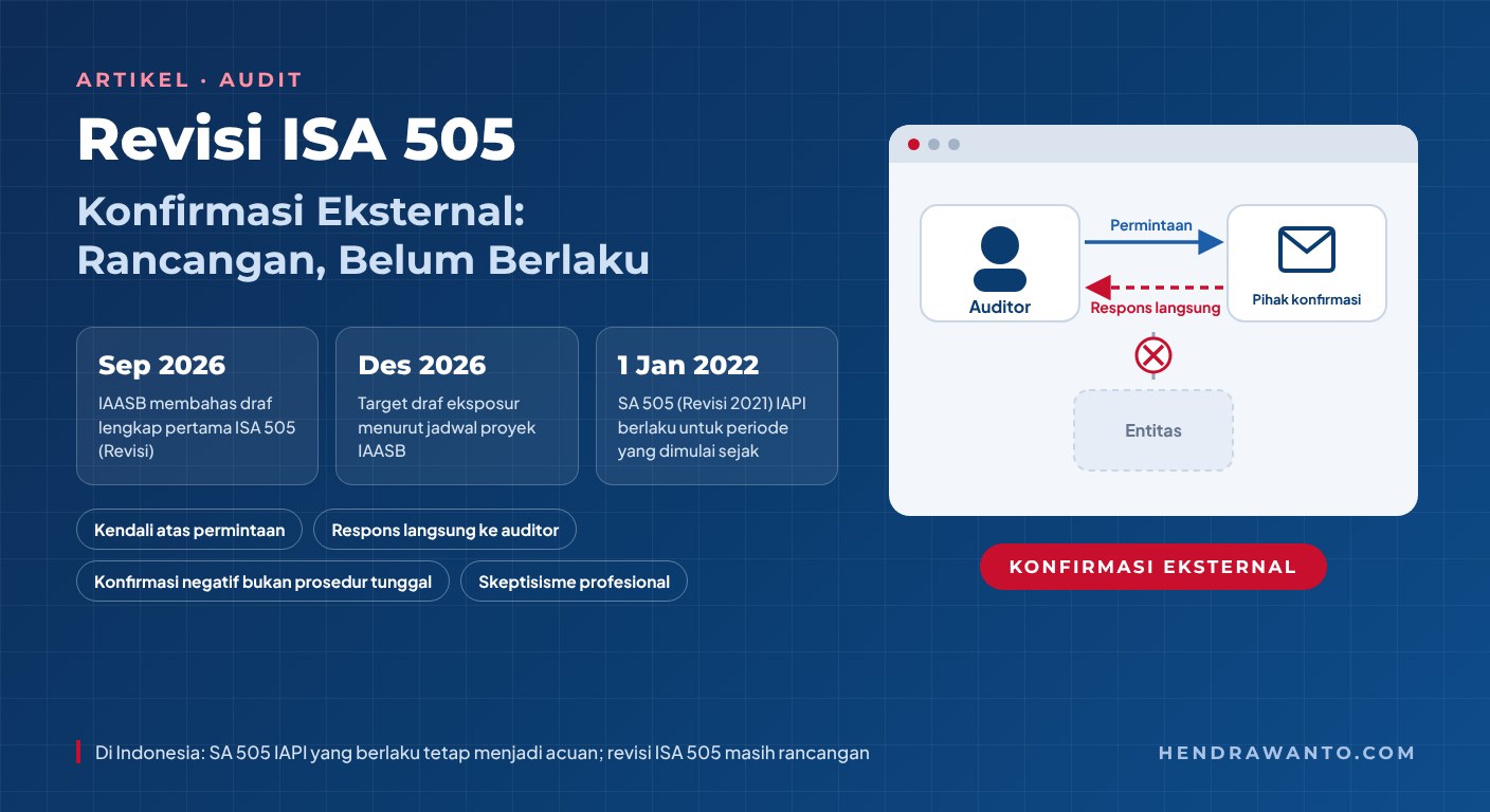 Infografik revisi ISA 505: IAASB membahas draf lengkap pertama ISA 505 (Revisi) pada September 2026, jadwal proyek menargetkan draf eksposur Desember 2026, sedangkan SA 505 (Revisi 2021) IAPI berlaku untuk periode yang dimulai sejak 1 Januari 2022; ilustrasi permintaan konfirmasi dari auditor dan respons langsung dari pihak yang dikonfirmasi tanpa melalui entitas