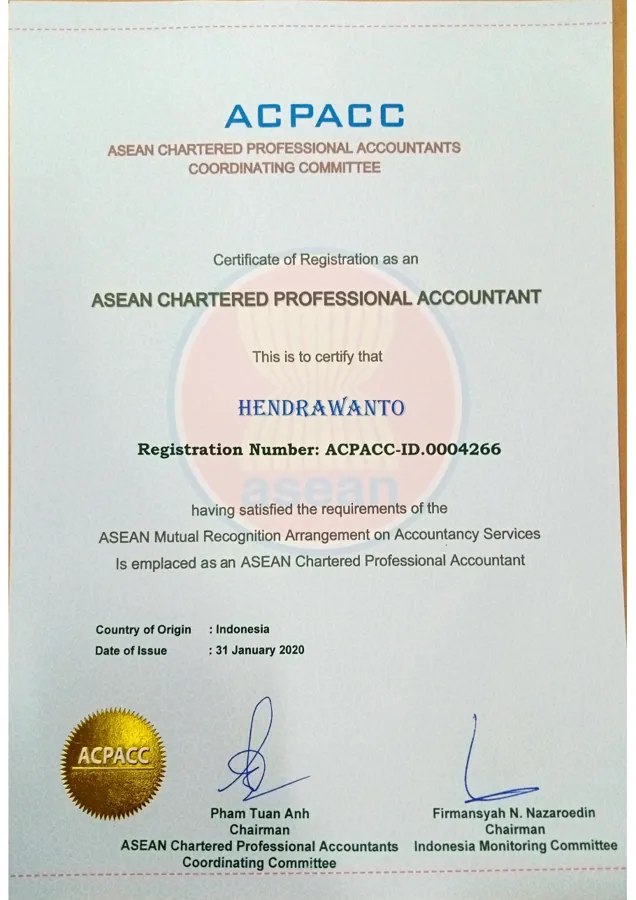 Sertifikat ASEAN Chartered Professional Accountant Hendrawanto