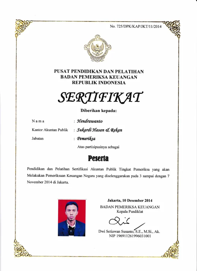 Sertifikat pendidikan dan pelatihan BPK Hendrawanto