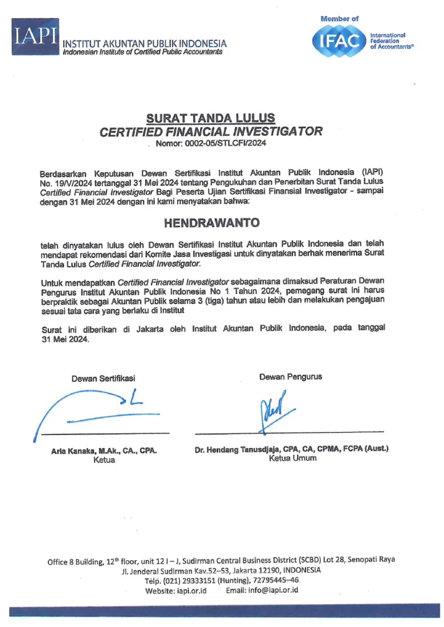 Surat Tanda Lulus Certified Financial Investigator Hendrawanto