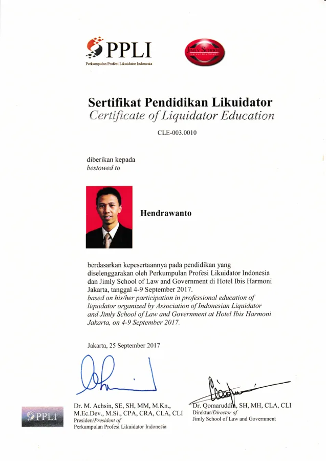 Sertifikat Pendidikan Likuidator Hendrawanto