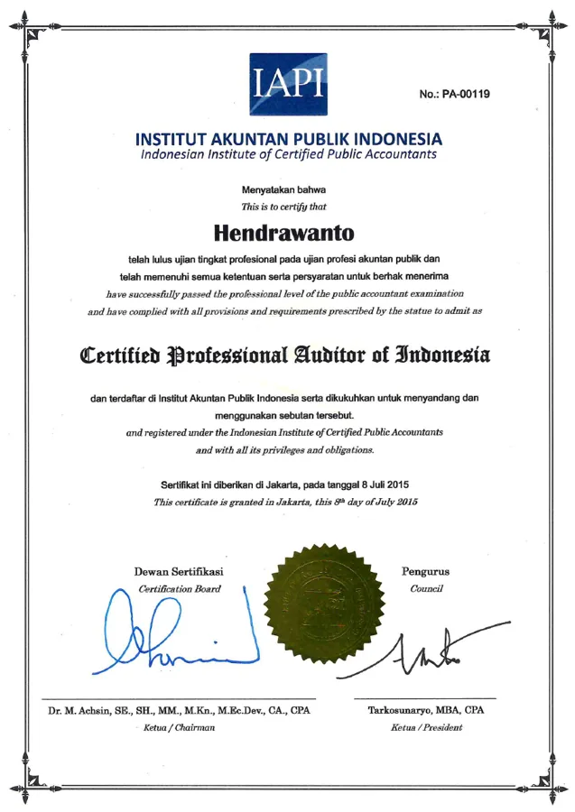 Sertifikat Certified Professional Auditor of Indonesia Hendrawanto