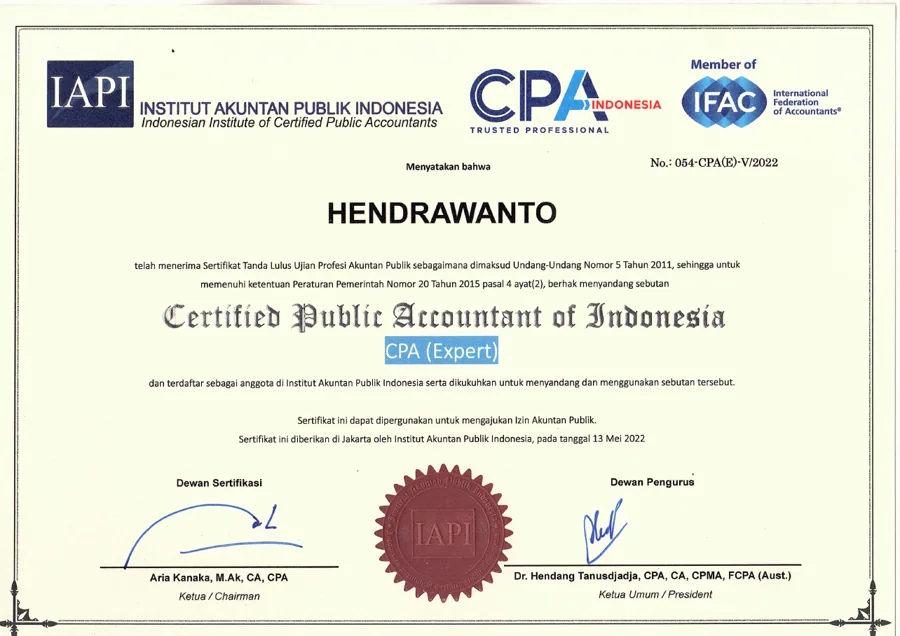 Sertifikat CPA Expert Hendrawanto