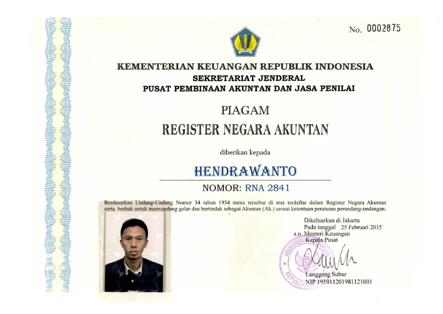 Piagam Register Negara Akuntan Hendrawanto
